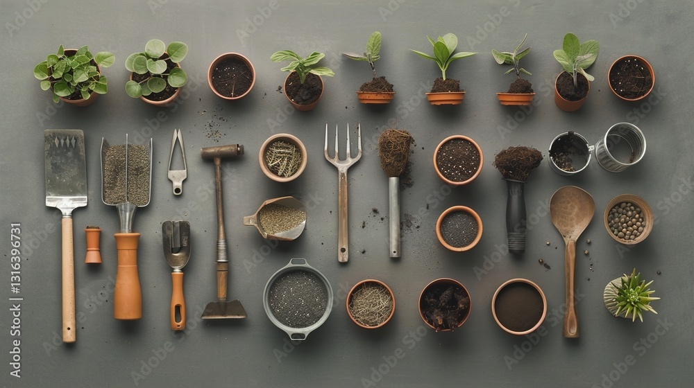A collection of garden tools, pots, and seeds arranged for a DIY planting project on a solid background.
