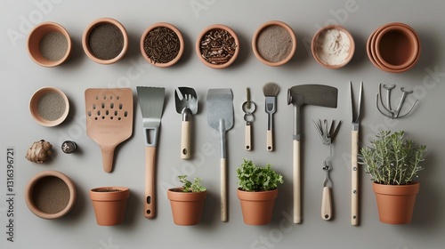Obraz na płótnie A collection of garden tools, pots, and seeds arranged for a DIY planting project on a solid background. w salonie