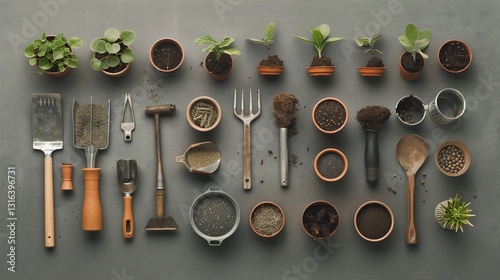 A collection of garden tools, pots, and seeds arranged for a DIY planting project on a solid background.