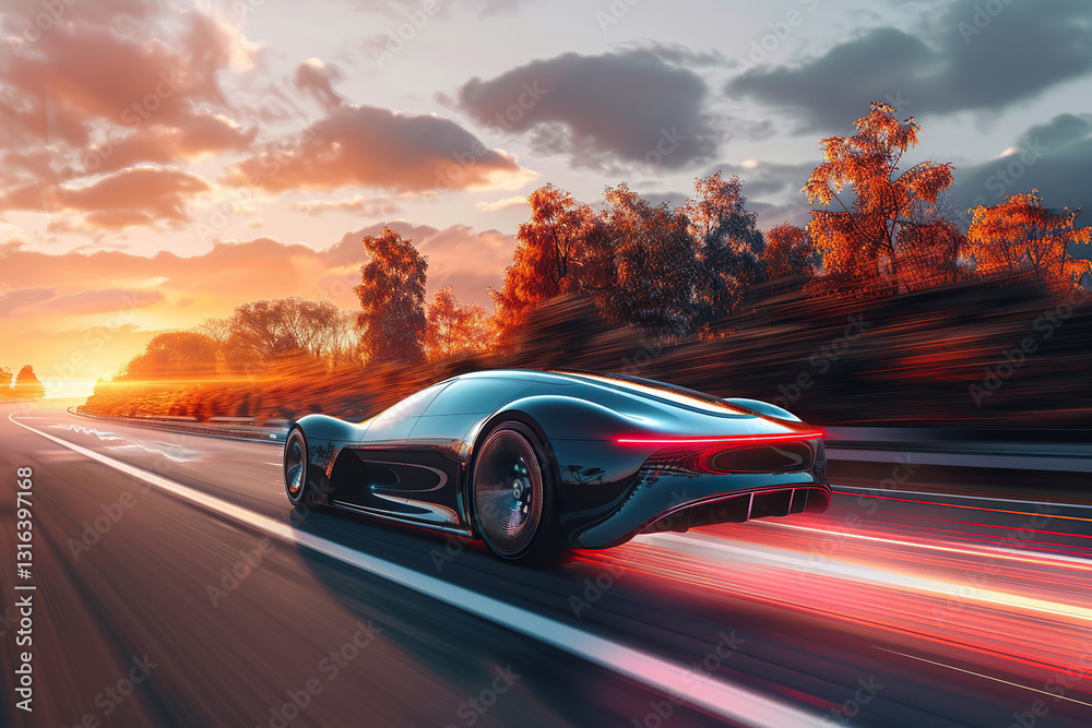 Fototapeta premium Power source for charging battery of beautiful hybrid electric car on road, abstract vivid composition consists of fictional unreal fantastic vision on background