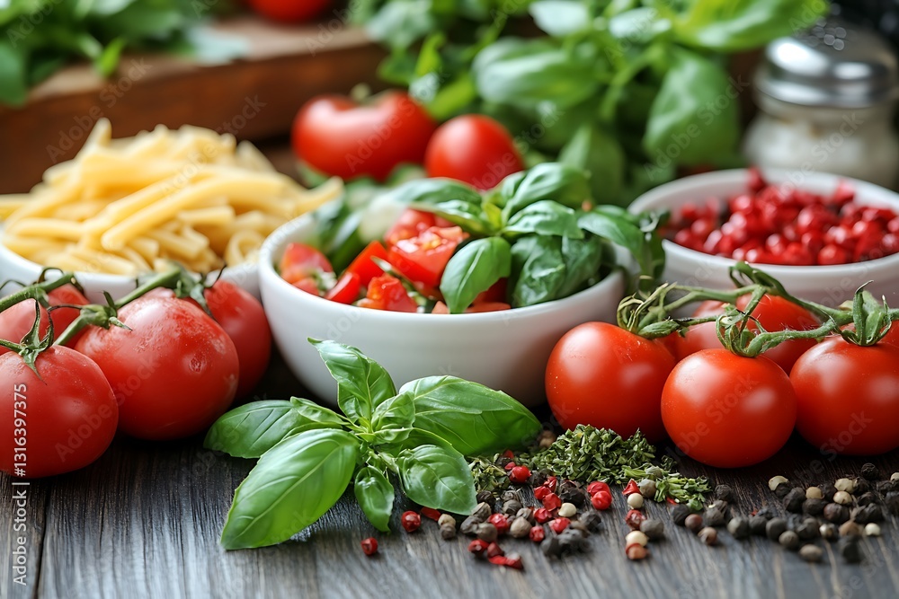 Fresh pasta, tomatoes, basil, and peppercorns on a dark wooden table. Fresh pasta, tomatoes, basil, and peppercorns on a dark wooden table.