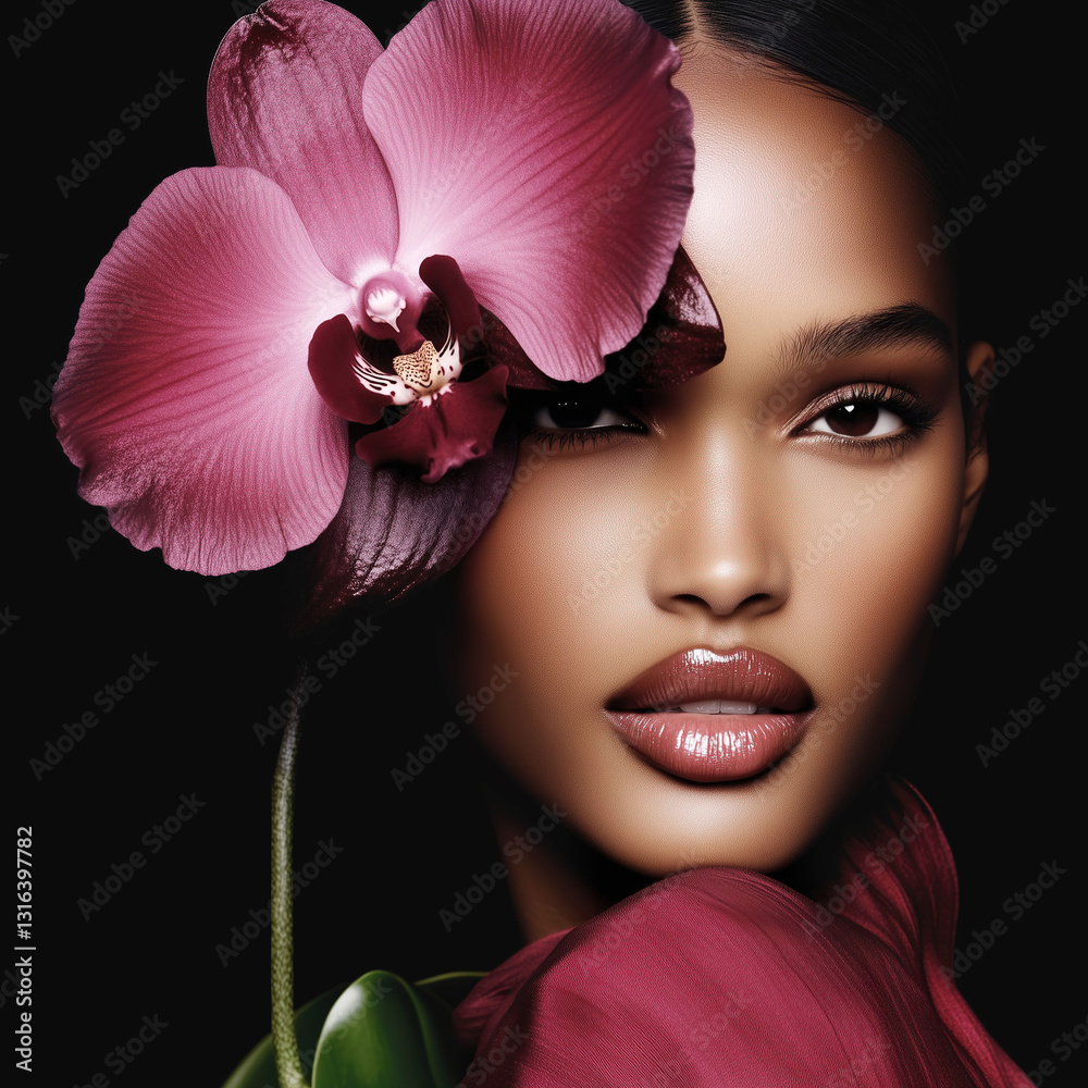 Radiant and elegant black model holding a dark red orchid against a black background.