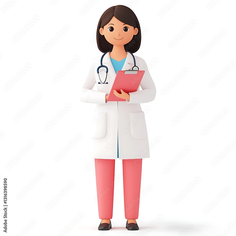 A cartoonish female doctor in a white coat holds a pink clipboard, embodying professionalism and care in a friendly manner. A cartoonish female doctor in a white coat holds a pink clipboard, embodying professionalism and care in a friendly manner.