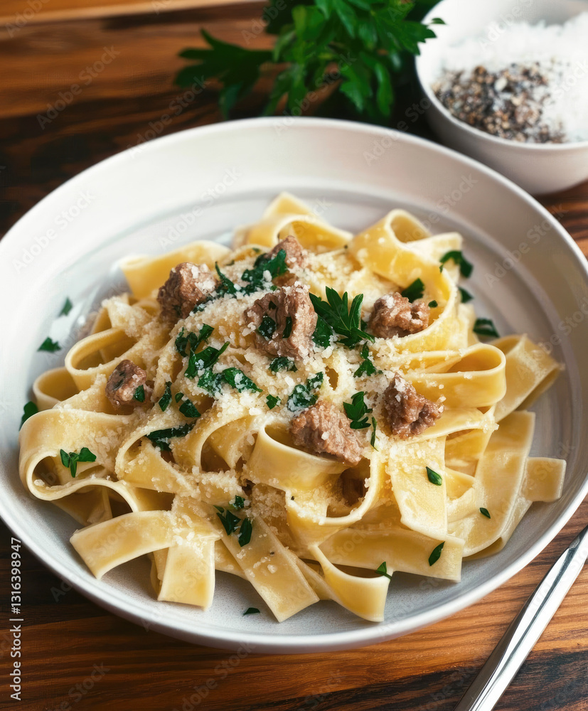 A beautifully presented plate of pasta topped with meat, herbs, and cheese, showcasing a mouth-watering Italian culinary delight. A beautifully presented plate of pasta topped with meat, herbs, and cheese, showcasing a mouth-watering Italian culinary delight.