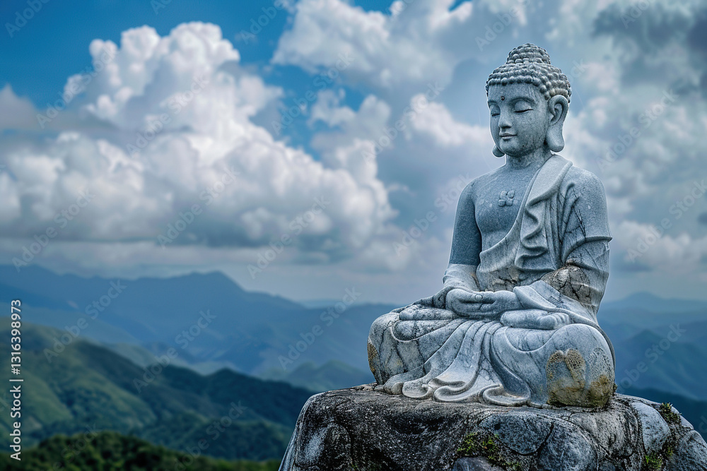Ancient statue great Buddha on bright holiday composition, abstract vivid composition consists of fictional unreal fantastic vision on background Ancient statue great Buddha on bright holiday composition, abstract vivid composition consists of fictional unreal fantastic vision on background