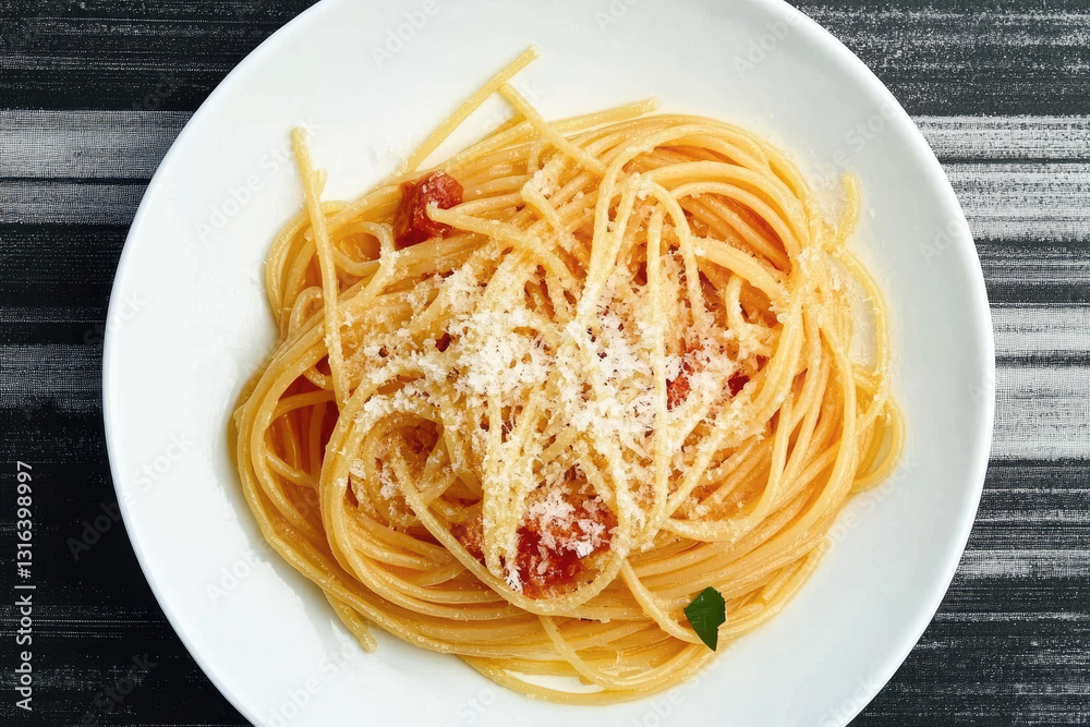 A classic spaghetti dish topped with rich tomato sauce and grated cheese, perfect for a hearty and comforting meal for everyone. A classic spaghetti dish topped with rich tomato sauce and grated cheese, perfect for a hearty and comforting meal for everyone.