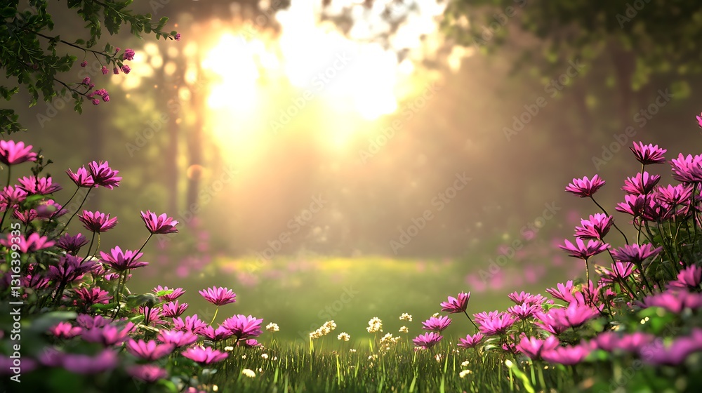 Obraz premium Pink flowers bloom in a sunlit forest, with light rays through the trees; for tranquility