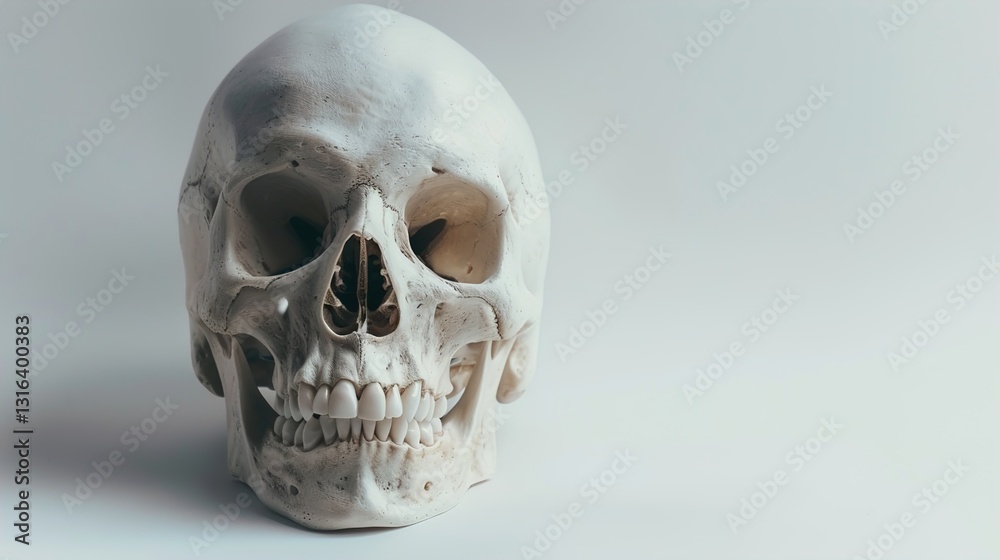 A detailed image of a human skull on a solid white background.