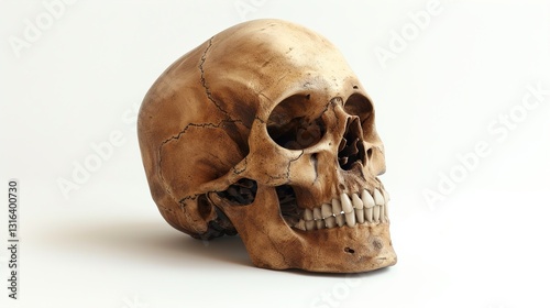 A detailed image of a human skull on a solid white background.
