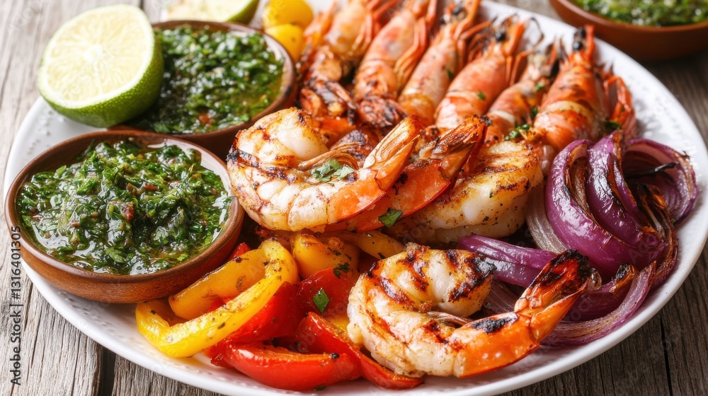 Grilled Prawns with Roasted Vegetables and Chimichurri Sauce Grilled Prawns with Roasted Vegetables and Chimichurri Sauce