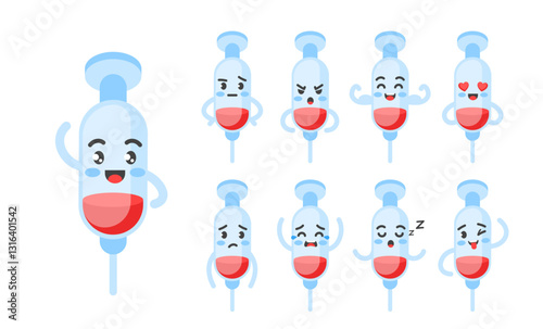 Syringe funny character set of poses and emotions, mascot symbol of medicine, treatment, vaccination