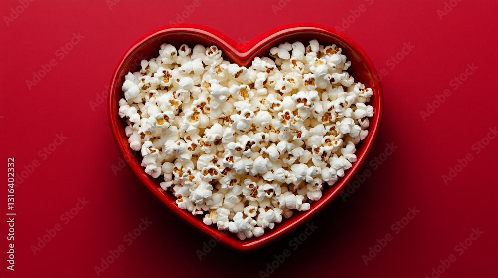 Delicious buttery popcorn in a red heart shaped bowl on red background food love date film meal movie Delicious buttery popcorn in a red heart shaped bowl on red background food love date film meal movie
