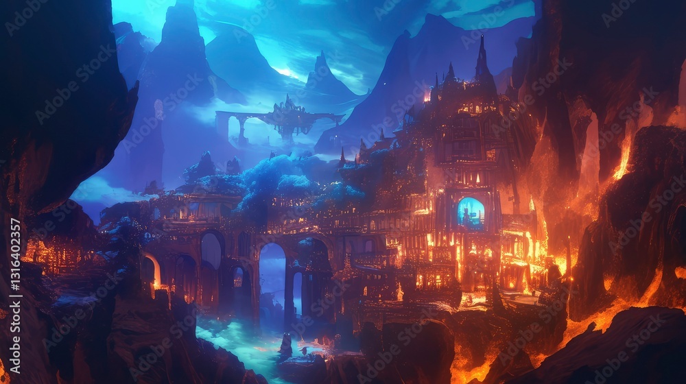 Fototapeta premium Enigmatic Citadel A Fantasy Cityscape at Night