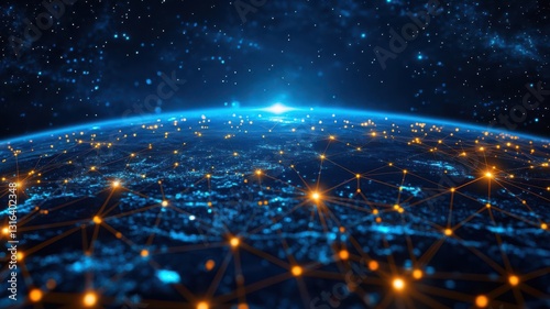 Global network of satellites orbiting Earth, representing international communication policies, strategic direction, and interconnected networks