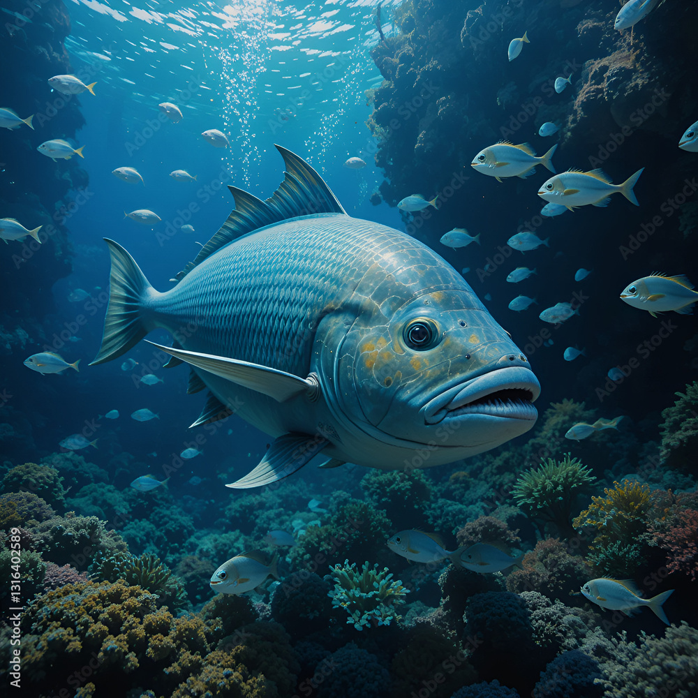 Oceanic sunfish (mola-mola) with school of fusilier passing by