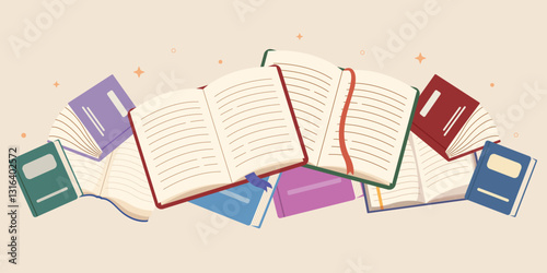 vector illustration of a book, Open book, the flying books style. Happy world book day banner. Concept of reading and literature. 