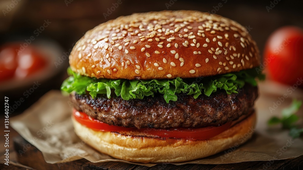 A juicy hamburger, its sesame seed crown gleaming, lay nestled on a rustic wooden table, ready to be savored. A juicy hamburger, its sesame seed crown gleaming, lay nestled on a rustic wooden table, ready to be savored.