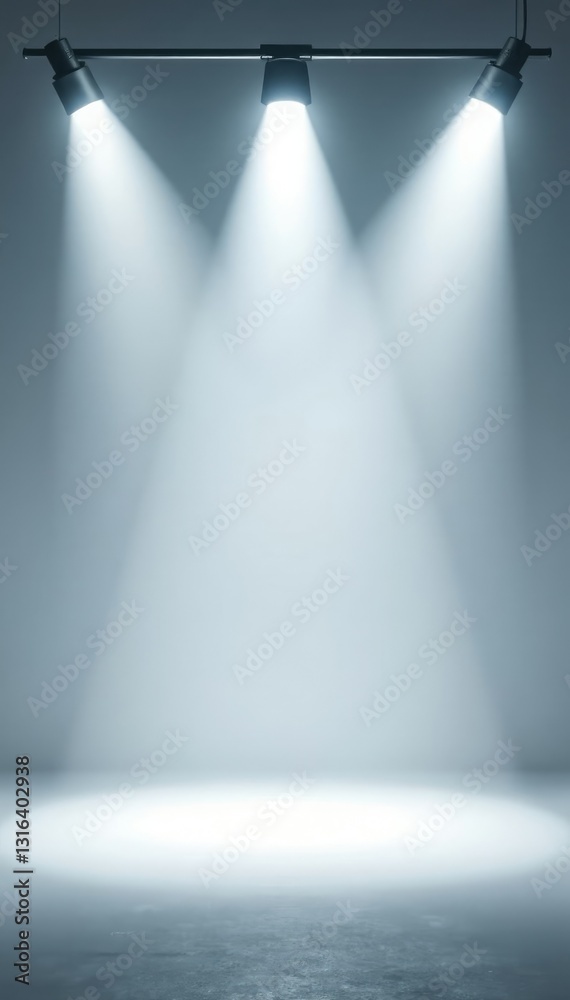 Obraz premium Empty space illuminated by three cool white spotlights, white, light, cool