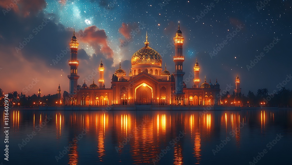 Fototapeta premium Illuminated Mosque at Night Reflected in Serene Water