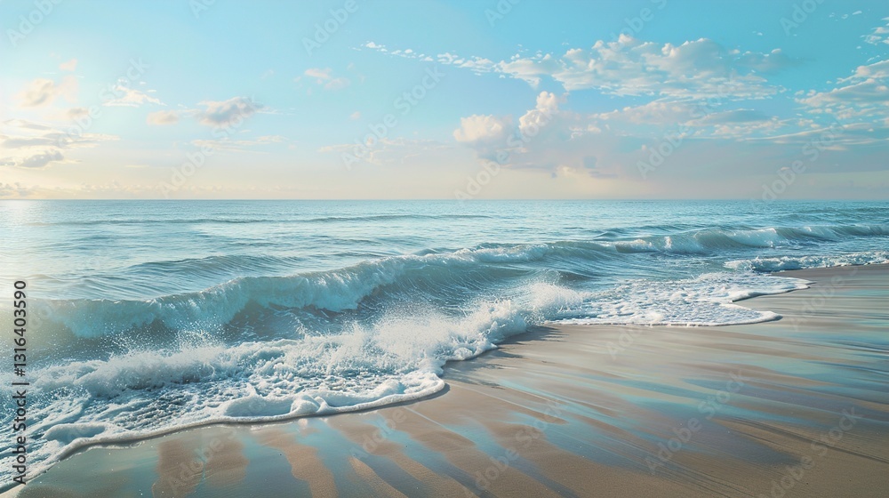 A detailed painting of a serene beach scene with waves gently lapping at the shore, against a solid background.
