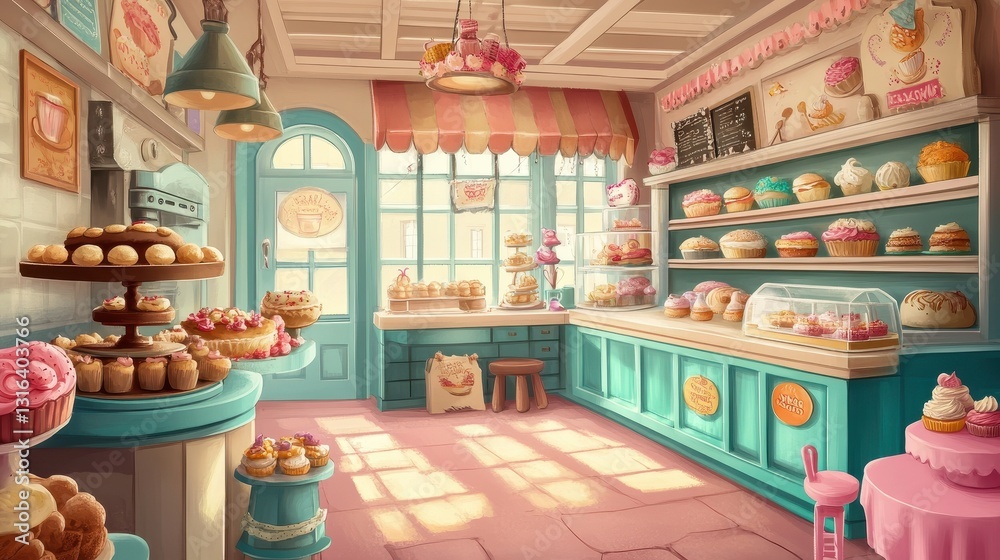 The interior of a charming bakery shop displaying various baked goods The interior of a charming bakery shop displaying various baked goods