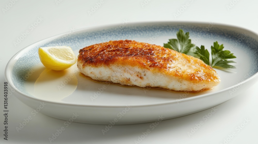 A pristine white oval plate, its rim adorned with a vibrant blue band, rests on a stark white backdrop. A single, glistening schnitzel, the star of the show, occupies the center of the plate. A A pristine white oval plate, its rim adorned with a vibrant blue band, rests on a stark white backdrop. A single, glistening schnitzel, the star of the show, occupies the center of the plate. A