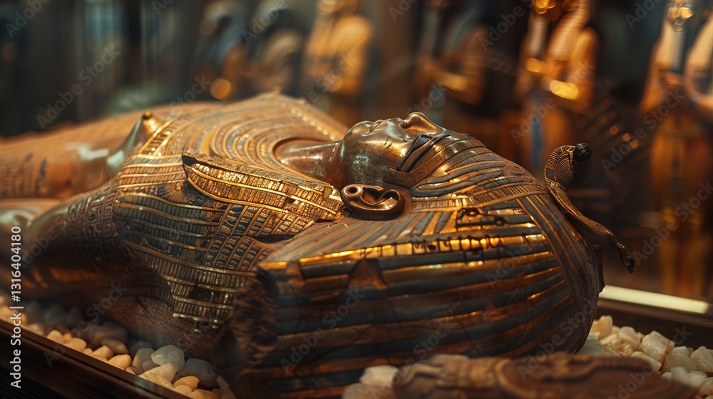 A detailed shot of an ancient artifact encased in glass, highlighting its intricate carvings and details.