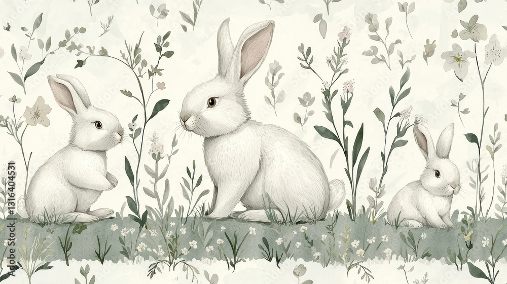 Fototapeta premium Adorable watercolor illustration of white rabbits in floral meadow, Cute rabbit illustrated design, Adorable bunnies watercolor style For Bunny Lover and Easter