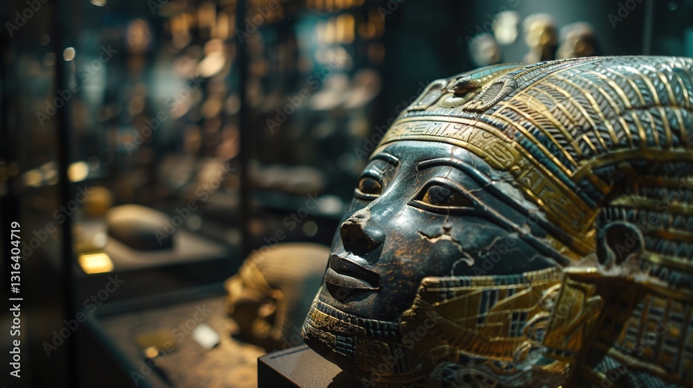 A detailed shot of an ancient artifact encased in glass, highlighting its intricate carvings and details.