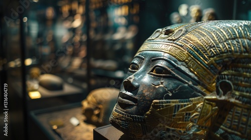 A detailed shot of an ancient artifact encased in glass, highlighting its intricate carvings and details.