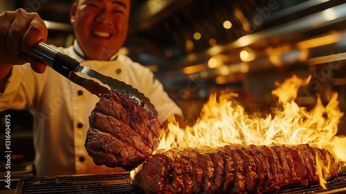 A chef, wielding tongs like a conductor is baton, holds a juicy piece of beef over a searing grill, where flames dance like a vibrant ballet, illuminating the surrounding sliced beef and the warm