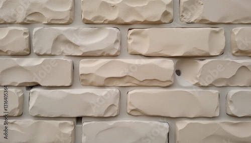  Light beige stone wall with uniform rectangular stones in a staggered pattern