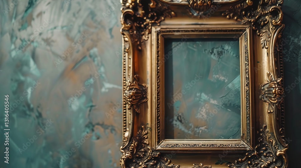 A detailed shot of an empty picture frame with an ornate design, displayed on a solid background.