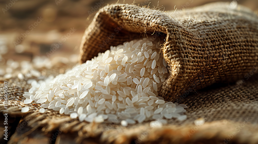 Freshly Harvested White Rice in a Burlap Sack