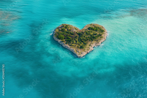 Heart-shaped island surrounded by turquoise water in a tropical setting