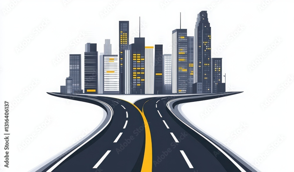 Fototapeta premium Winding road with city skyline on a white background, detailed and realistic design