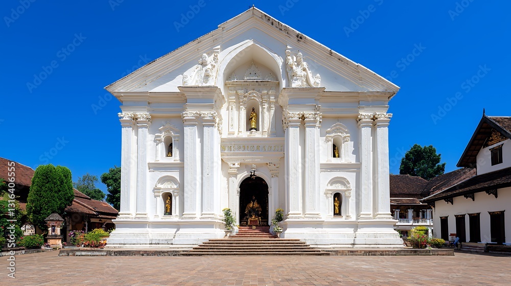 White Colonial Church Facade Under a Bright Blue Sky White Colonial Church Facade Under a Bright Blue Sky
