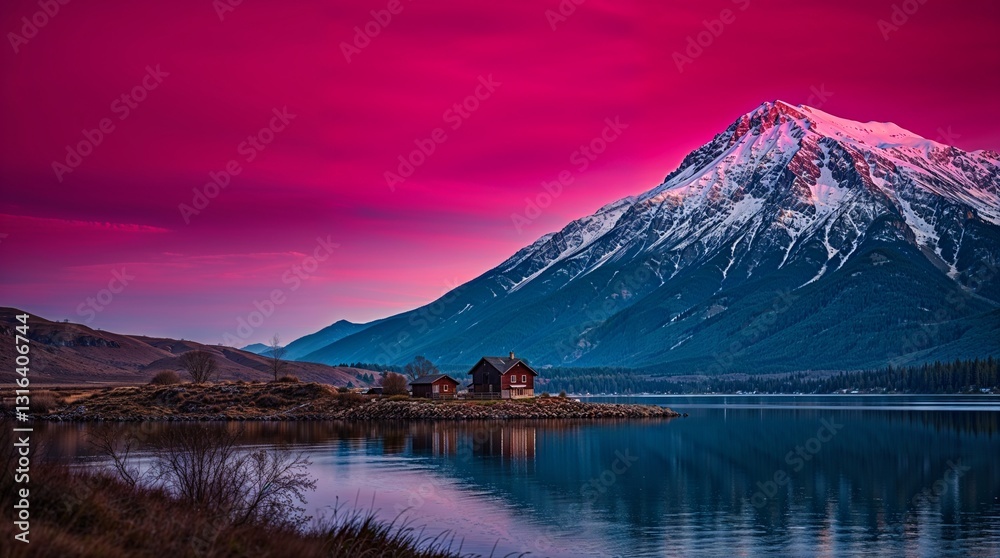 Extreme Macro Close-Up Burgundy Sky Over Lakeside House and Snowy Mountain with Elegant Details Extreme Macro Close-Up Burgundy Sky Over Lakeside House and Snowy Mountain with Elegant Details