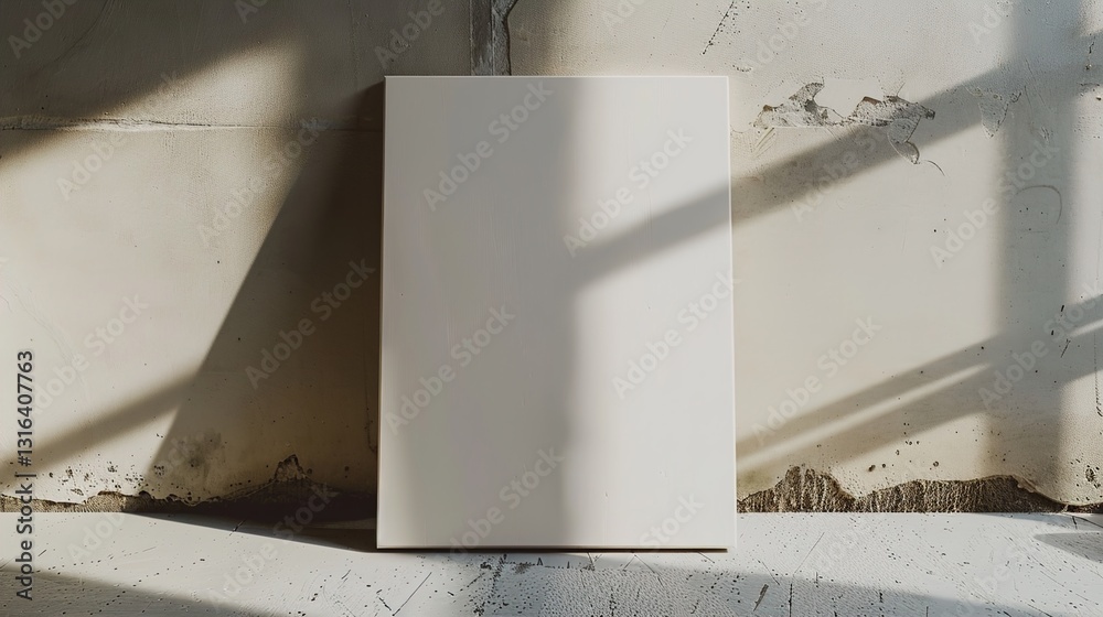 A detailed shot of a blank canvas board leaning against a wall, with a solid background.