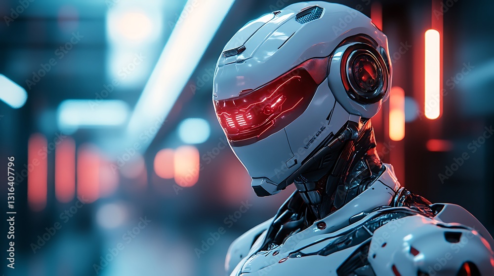 Futuristic robot head in neon-lit corridor.