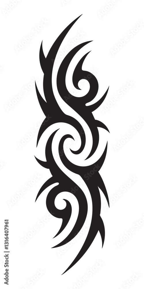 Intricate Tribal Tattoo Design with Flowing Swirls and Sharp Edges in Black Ink Style. Intricate Tribal Tattoo Design with Flowing Swirls and Sharp Edges in Black Ink Style.