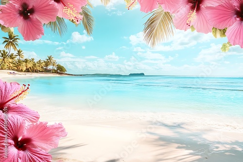 Wallpaper Mural Pink flowers frame idyllic beach scene with turquoise water and palm trees, travel background Torontodigital.ca