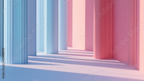 Minimalist composition with soft pastel hues, angular folds, and thin striped details.