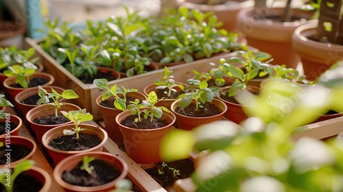 A detailed shot of a DIY home garden project, with small plants being potted.