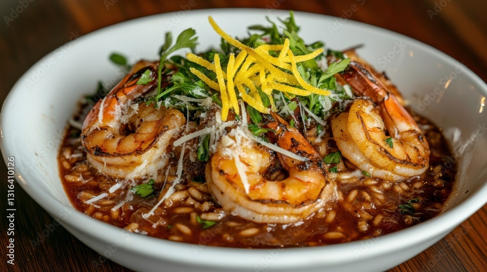 Risotto with Shrimp and Fresh Herbs in White Bowl