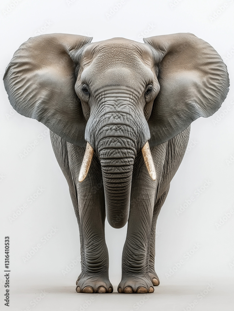Fototapeta premium Front View of Majestic African Elephant with Large Tusks Isolated on White Background