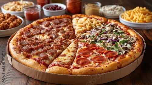 A cardboard haven, adorned with a golden crust and a symphony of tomato sauce, cheese, and toppings, ready to satisfy any pizza lover is cravings.