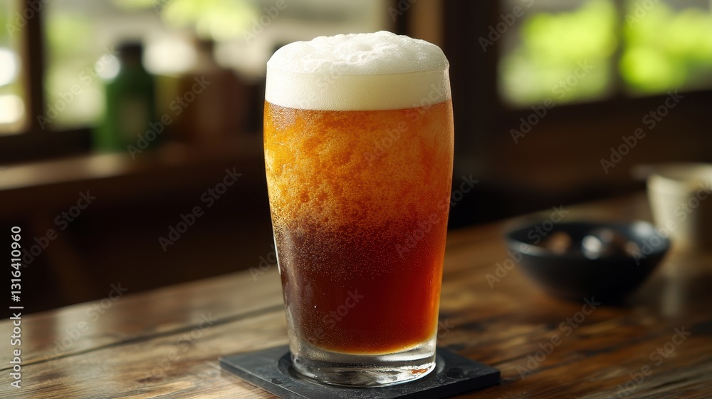 A frosty glass of beer, its surface adorned with delicate white foam, inviting the viewer to partake in its refreshing coolness. A frosty glass of beer, its surface adorned with delicate white foam, inviting the viewer to partake in its refreshing coolness.