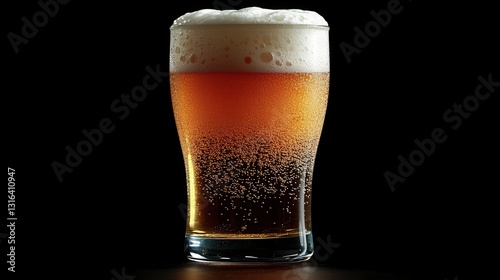 A frosty glass of beer, its surface adorned with delicate white foam, inviting the viewer to partake in its refreshing coolness.