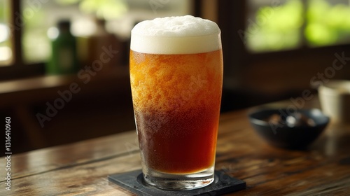 A frosty glass of beer, its surface adorned with delicate white foam, inviting the viewer to partake in its refreshing coolness.